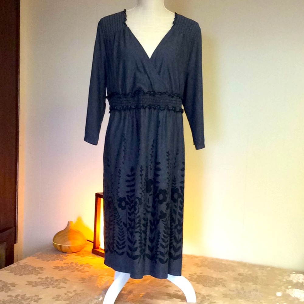 JMS 2X Grey Midi Dress Black Floral Pattern 18W